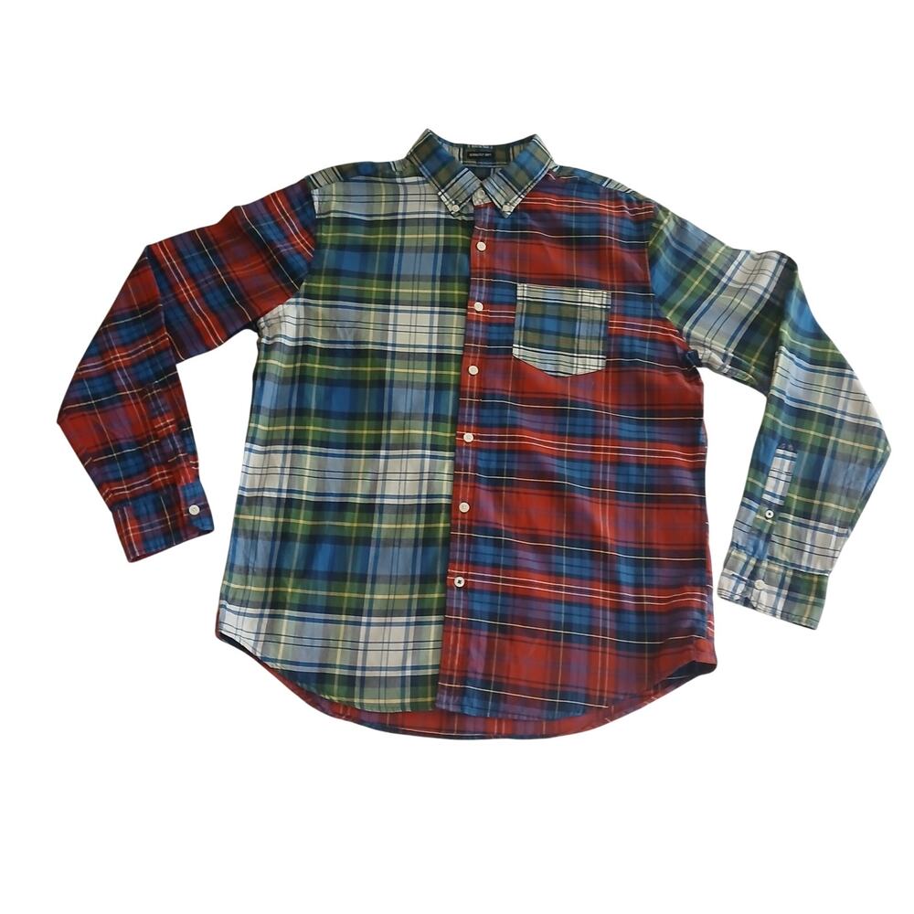 American Eagle Mens L Plaid Button Up Shirt Colorblock Mixed Plaid Long Sleeve